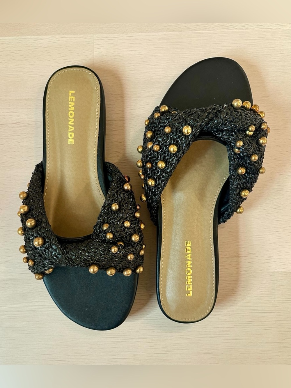 Lemonade Black Slide Mules with Gold Studs Size 7.5